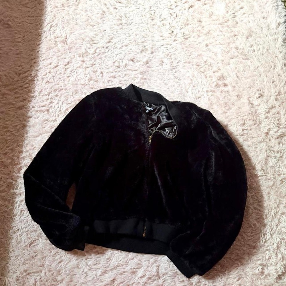 Black Velvet‎ Fuzzy Plush Bomber Jacket Womens 1XL Urban Glam Hiphop Streetwear